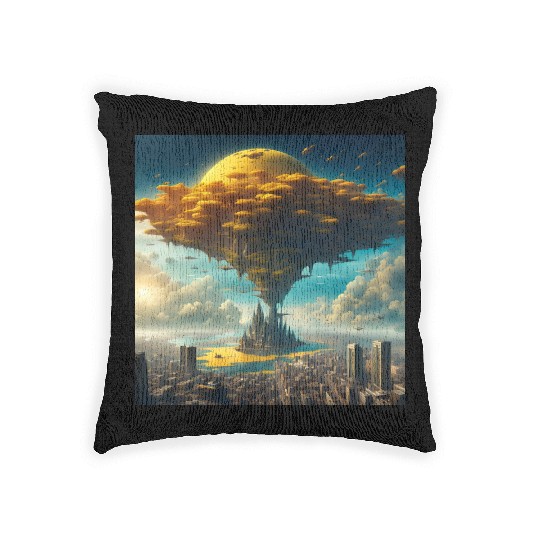 Sci-Fi Alien City: Floating Planet Twilight Scene Woven Pillows