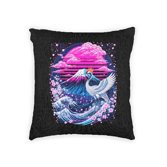 Neon Sakura Crane & Mount Fuji Scene Woven Pillows