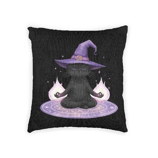Whimsical Black Cat Wizard Design Woven Pillows