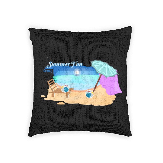 Summer Beach Scene Illustration Woven Pillows