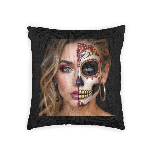 Intricate Sugar Skull Face Art Woven Pillows