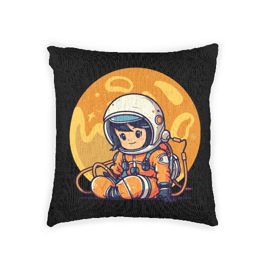 Cute Astronaut Girl in Orange Suit Woven Pillows