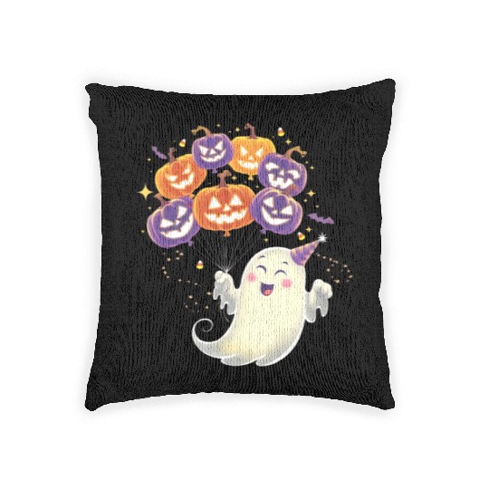 Halloween Ghost with Jack-o'-Lantern Balloons Woven Pillows
