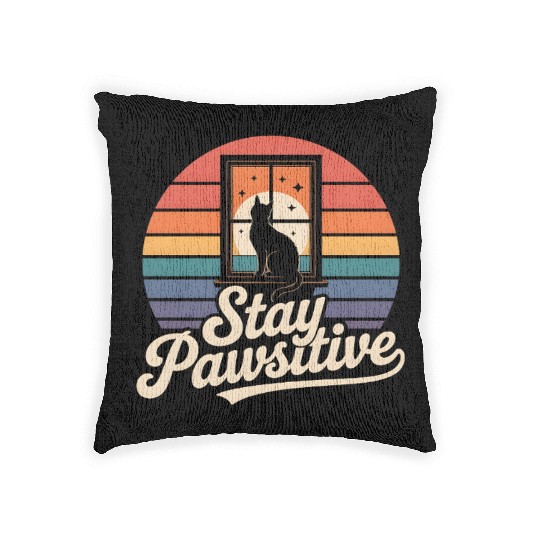 Stay Pawsitive Retro Cat Window Starry Night Woven Pillows