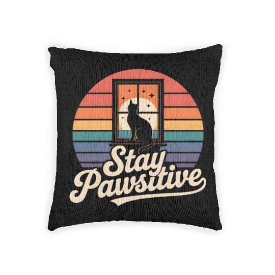 Stay Pawsitive Retro Cat Window Starry Night Woven Pillows