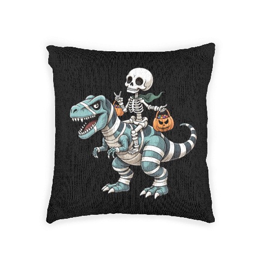 Skeleton Riding Mummy Dinosaur Funny Halloween Woven Pillows