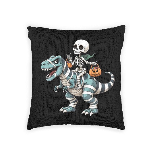 Skeleton Riding Mummy Dinosaur Funny Halloween Woven Pillows