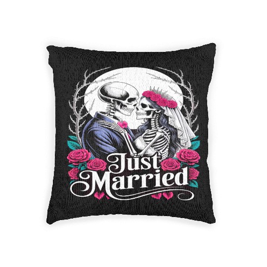 Gothic Just Married Skeletons Bride and Groom Woven Pillows