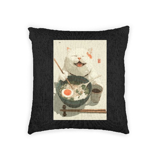 Happy White Cat Eating Ramen Woven Pillows