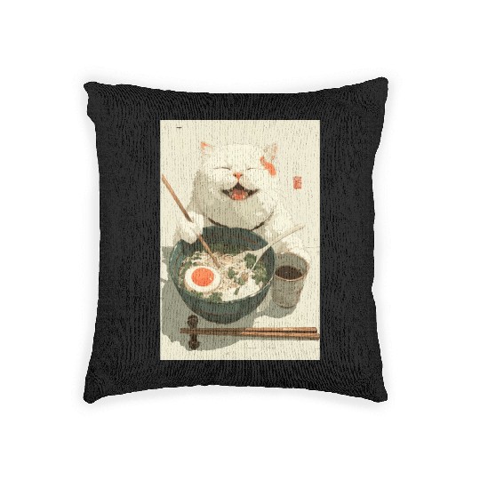 Happy White Cat Eating Ramen Woven Pillows