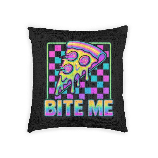 Bite Me – Y2K Glitch Pizza Neon Woven Pillows