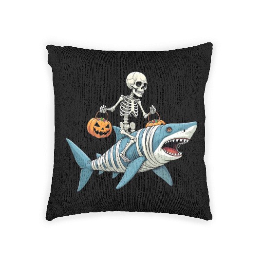 Skeleton Riding Shark Mummy Funny Halloween Woven Pillows