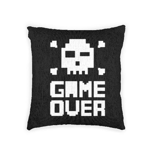 Pixelated Skull Game Over Design Woven Pillows