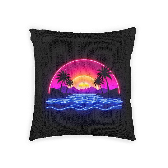 Neon Sunset Over Tropical Island Woven Pillows