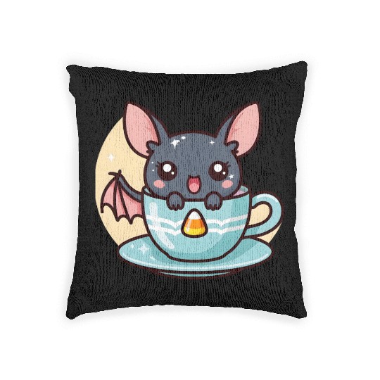 Cute Bat in Tea Cup Illustration Woven Pillows