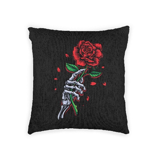 Skeleton Hand with Rose – Gothic Romance Art Woven Pillows