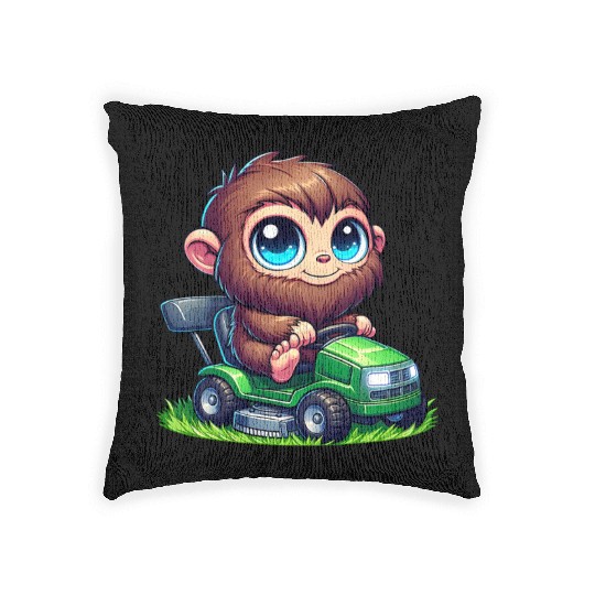 Cute Bigfoot Sasquatch lawn mower gardening chibi Woven Pillows