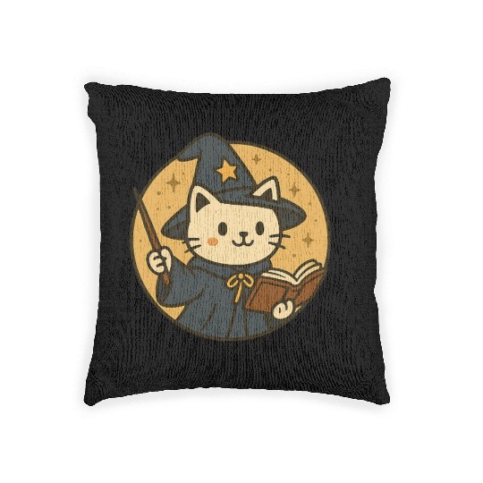 Whimsical Cat Wizard in Starry Night Woven Pillows
