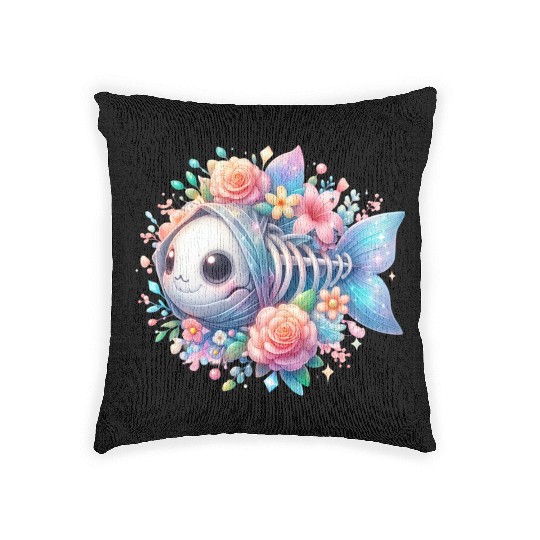 Whimsical Fish Skeleton with Floral Accents Woven Pillows