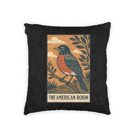 American Robin Nature Illustration Woven Pillows
