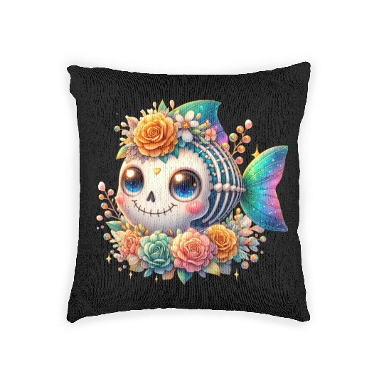 Whimsical Skeleton Fish with Floral Crown Woven Pillows