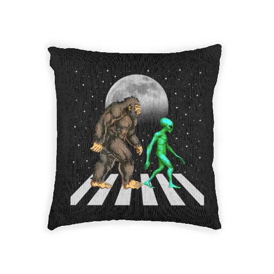 Bigfoot And Alien Cross The Street UFO Enthusiasts Woven Pillows