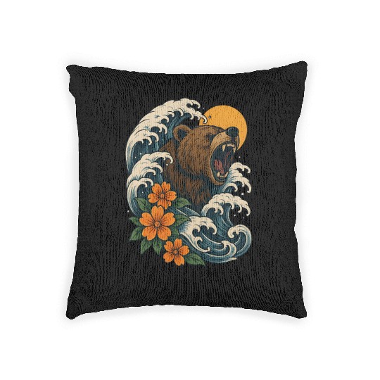 Bear Surfer Wave with Hibiscus Flowers Woven Pillows