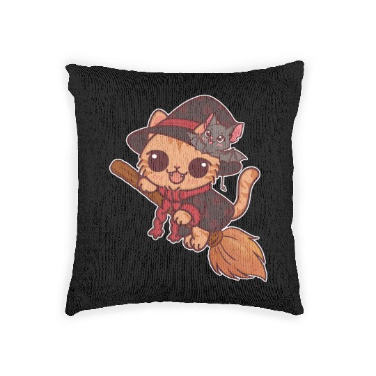 Enchanted Witch Cat with Bat Companion Woven Pillows