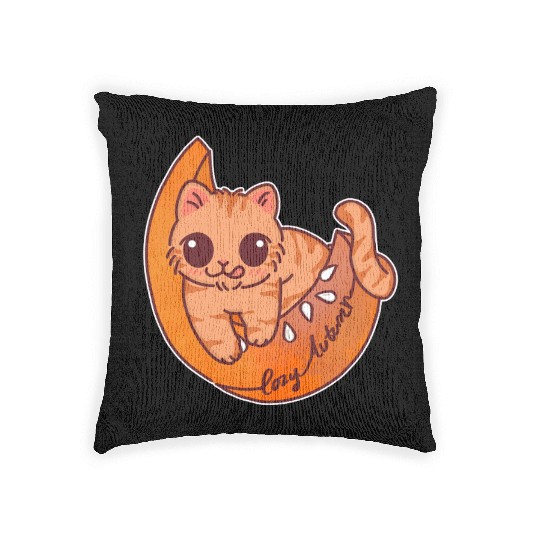 Cozy Autumn Cat on Pumpkin Moon Woven Pillows