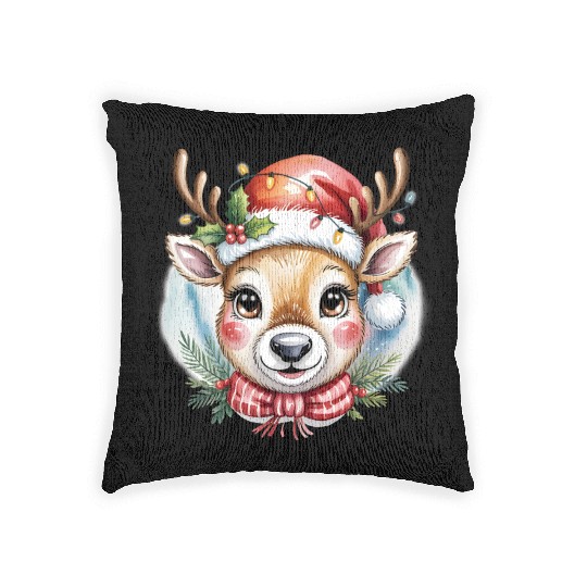 Cute Rudolph Reindeer Watercolor Christmas Art Woven Pillows