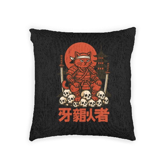 Samurai Cat with Skulls and Pagoda Woven Pillows