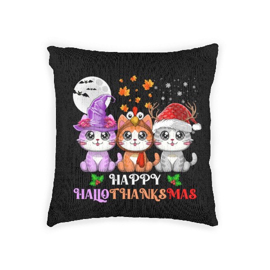Happy HalloThanksMas Cute Cats Lover Woven Pillows