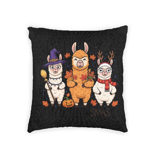 Hallothanksmas Llama Trio Halloween Xmas Woven Pillows Gift
