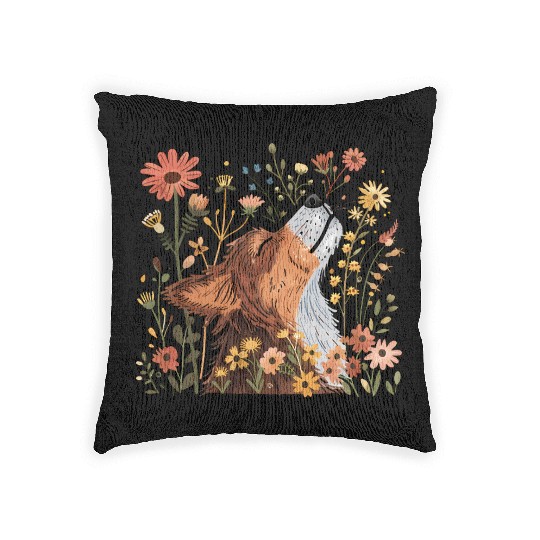 Serene Howling Wolf Amid Floral Bloom Woven Pillows