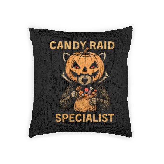 Candy Raid Specialist Halloween Raccoon Pumpkin Woven Pillows