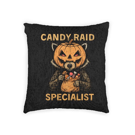 Candy Raid Specialist Halloween Raccoon Pumpkin Woven Pillows