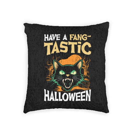 Have A Fangtastic Halloween Black Cat Spooky Night Woven Pillows