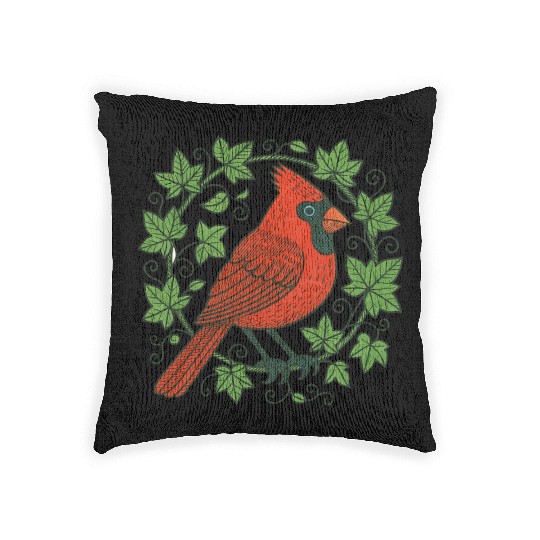 Vibrant Cardinal Amidst Ivy Leaves Woven Pillows