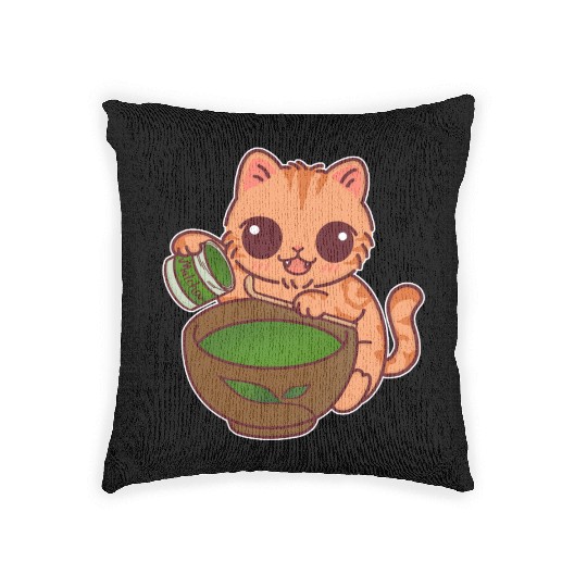Kawaii Cat Barista Making Matcha Tea Woven Pillows
