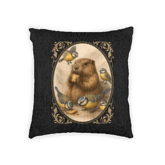 Marmot groundhog cute animal eating with birds Woven Pillows