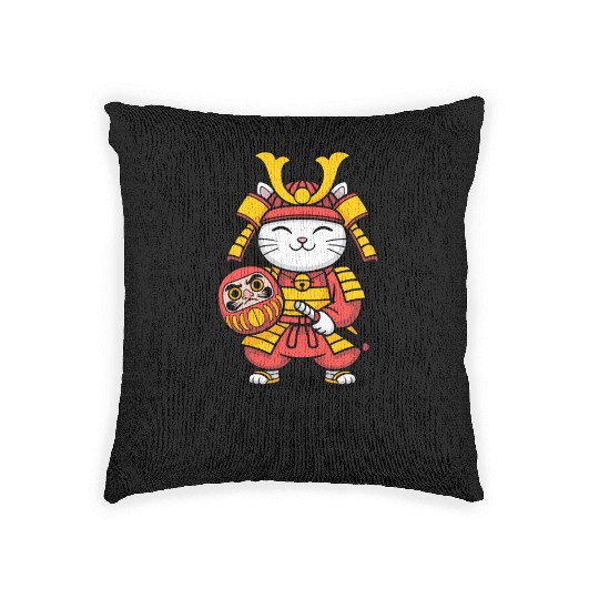 Kawaii Samurai Cat with Daruma Doll – Japanese  Woven Pillows