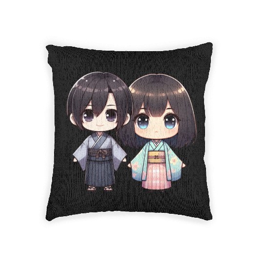 Chibi Kawaii Traditional Kimono Duo Woven Pillows
