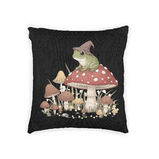 Whimsical Forest Frog in Magic Mushroom Scene Woven Pillows