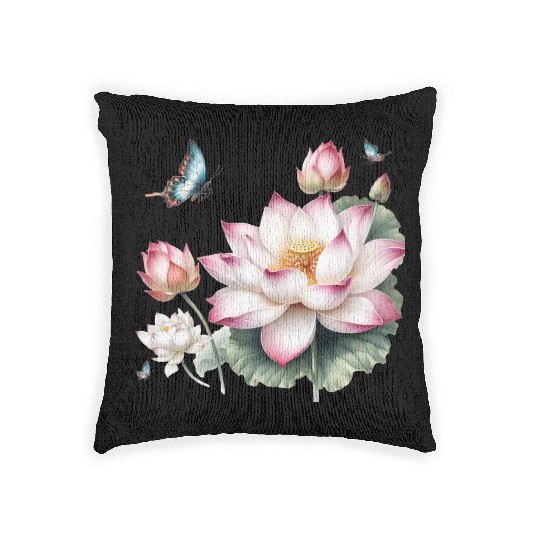 Light Pink Lotus and Butterflies  Woven Pillows