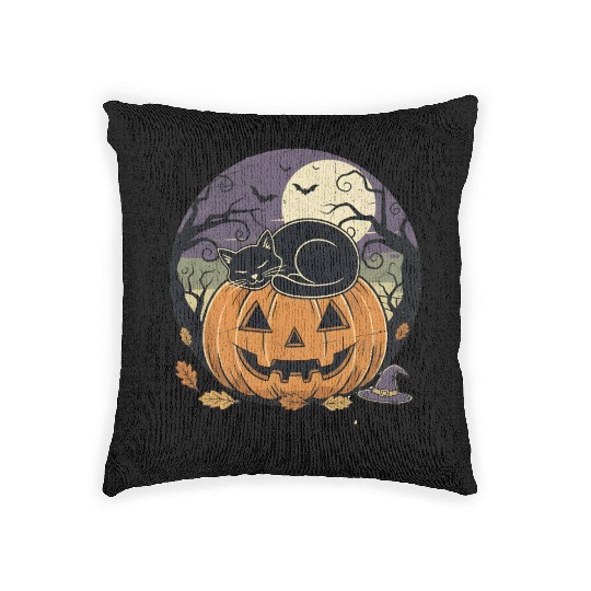 Spooky Cat Nap Pumpkin | Halloween Party Design Woven Pillows