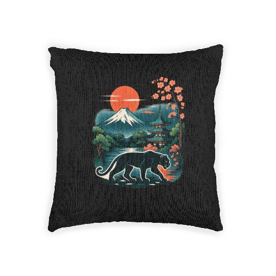 Serene Japanese Landscape with Mount Fuji Woven Pillows