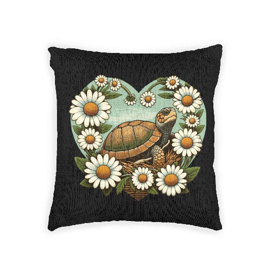 Turtle surrounded by Daisy Heart Design Woven Pillows