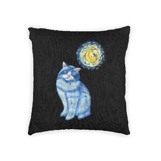 Blue Van Gogh Starry Night Ragdoll Cat Graphic Woven Pillows