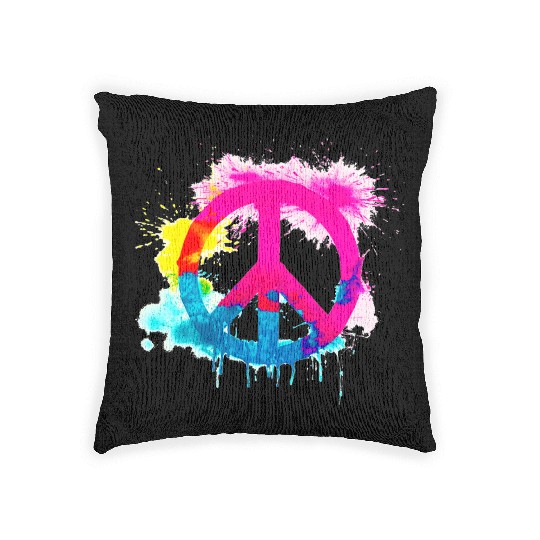 Peace sign neon colors groovy spray paint splatter Woven Pillows