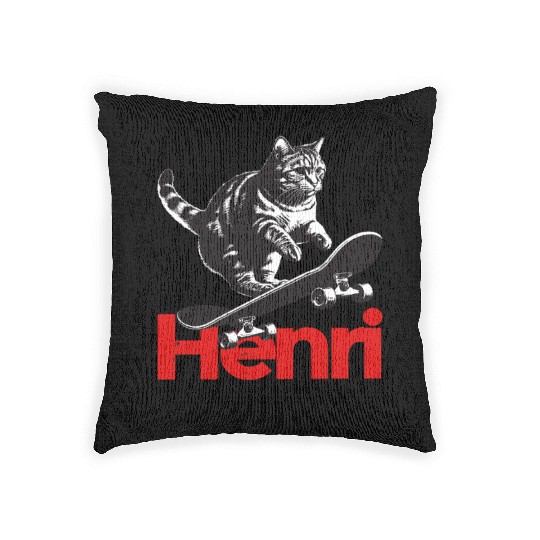 Cool Cat Skateboard with cute Boy Name HENRI Woven Pillows